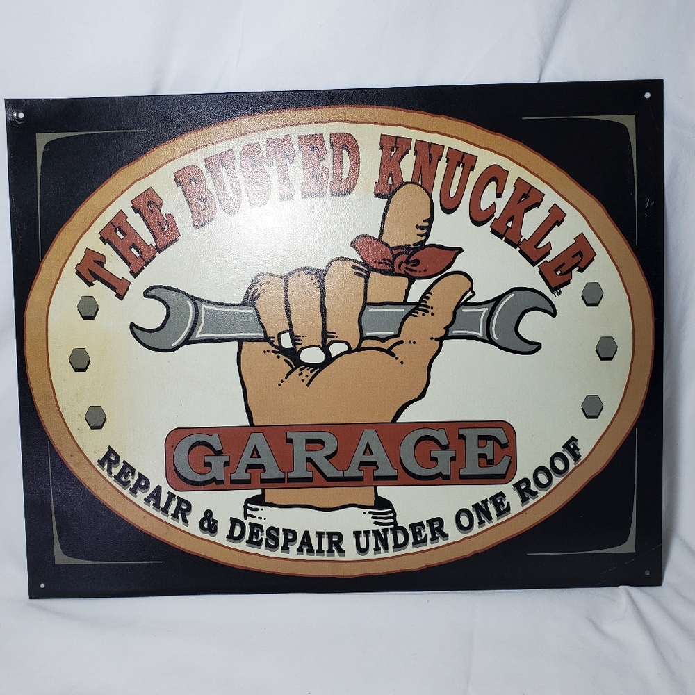 The Busted Knuckle Garage Vintage 2003 Distressed Metal Sign Retro Shop